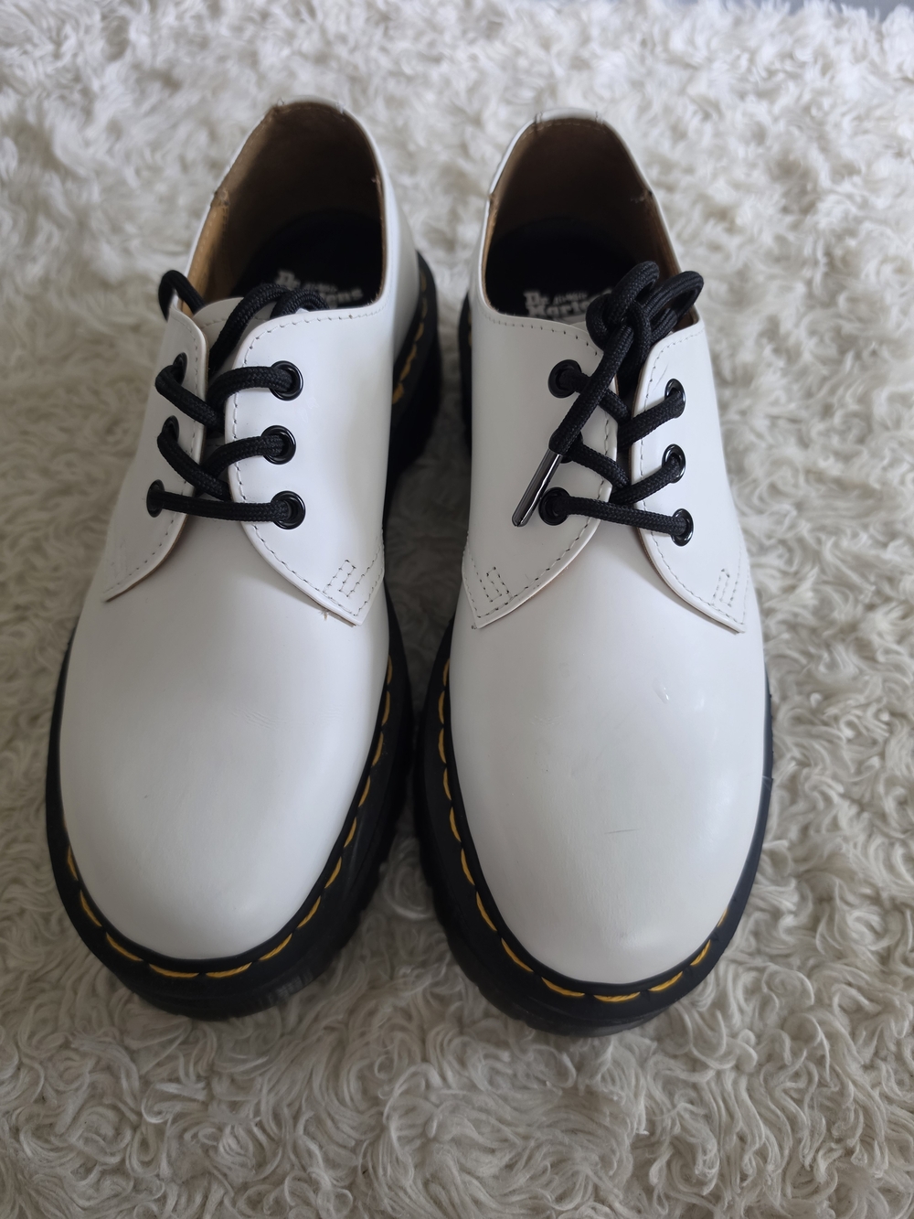 Dr. Martens White Leather 3-Eye Shoes with Black Laces and Yellow Stitching